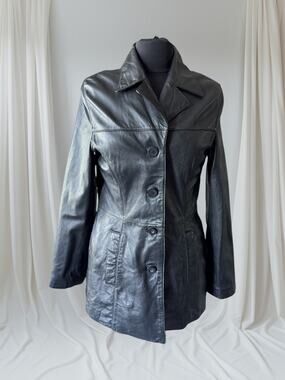 Black Leather Women's Y2K Vintage Trench, Size M